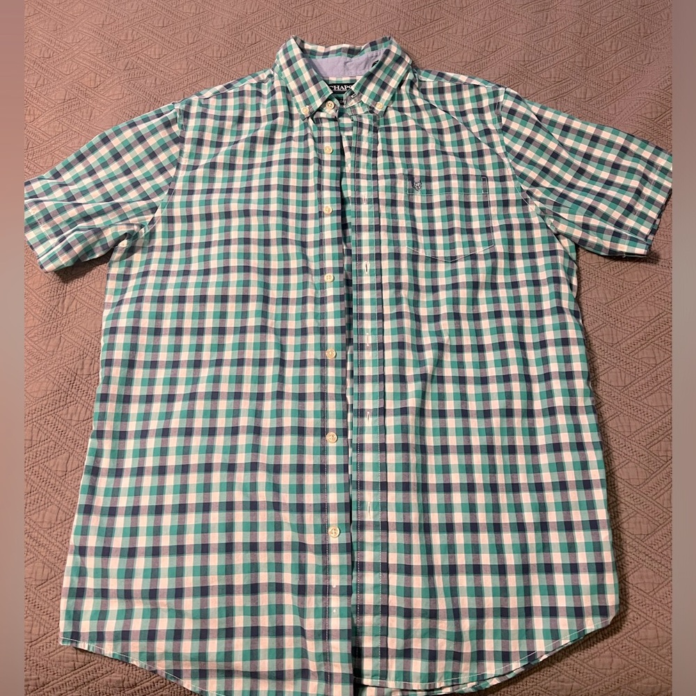 Chaps short sleeve button down green/white/grey plaid easy care Sz. Medium